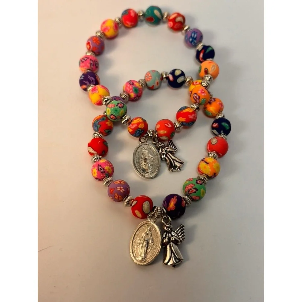 Beaded Stretch Bracelet Set Multicolor Religious Angel Charms Kidcore Boho
